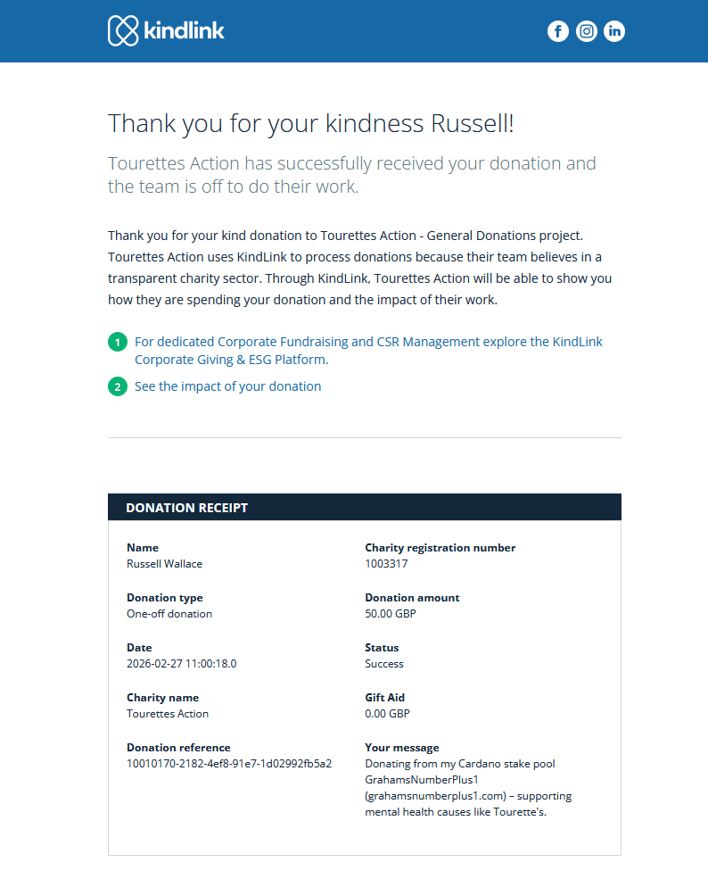 Tourettes Action donation receipt February 2026